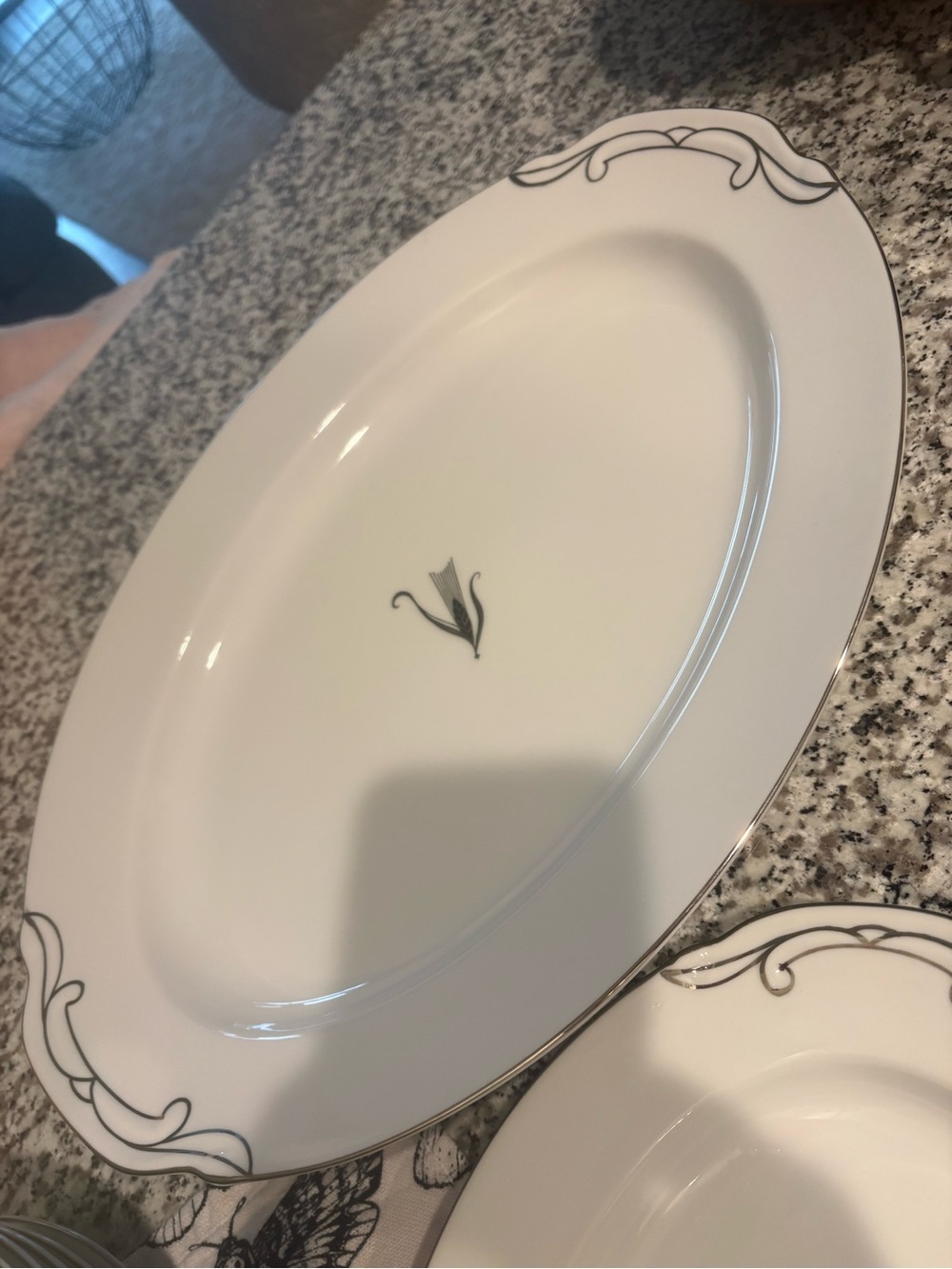 White Porcelain Dinner Platter with Silver Scroll Accent